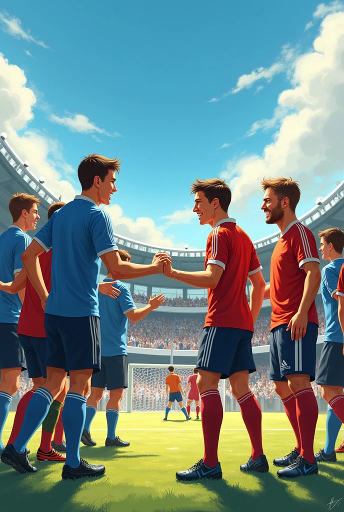 "Create a dynamic and spirited image of players greeting each other after an amateur soccer game. Show the scene with players from both teams coming together at the center of the field, smiling, shaking hands, or exchanging high-fives. Capture the camaraderie and sportsmanship with players dressed in their respective team jerseys, some with visible signs of sweat and exhaustion from the game. The background can include a soccer field with goalposts and a crowd of spectators or teammates cheering in the stands. Use vibrant, energetic colors and natural daylight to emphasize the post-game atmosphere of mutual respect and friendship."