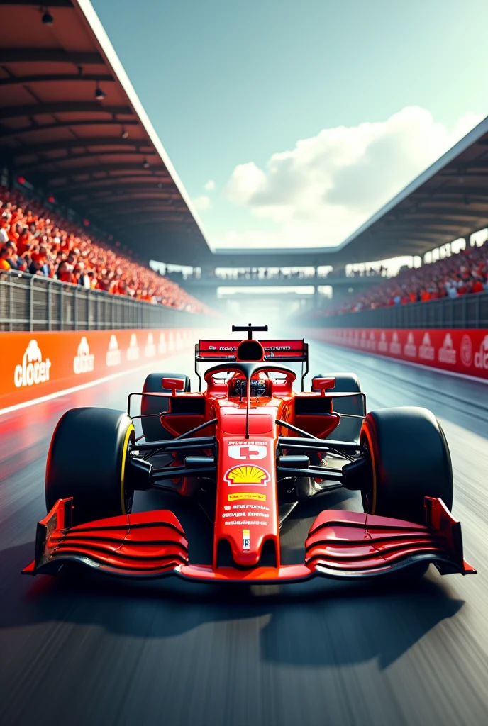 Detailed Background, masterpiece, Highest quality, 8k,uhd,F1 Cars,RB20,Red Bull,(The red car number is１),run through,Max Emilian Verstappen,The stands are filled with orange spectators,