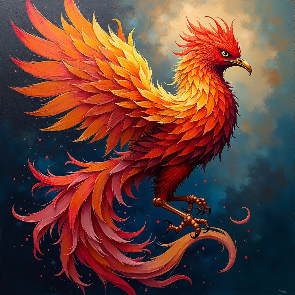 Mythical Phoenix, palette knife painting art style, bold textures, impasto effects, expressive strokes, vibrant colors, dynamic compositions, professional-grade finish, adds depth and dimension, creates tactile quality, immersive texture, contemporary aesthetic, (best quality, masterpiece, photorealistic), very aesthetic, perfect composition, intricate details, ultra-detailed, vivid colors