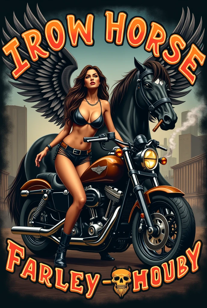 Harley-Davidson Forty-Eight motorcycle club logo with sexy woman and horse and skull with wings smoking cigar and engine written iron horse