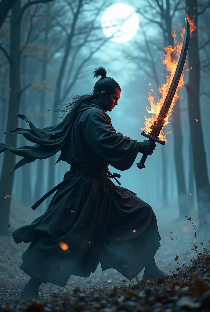 A samurai ninja fighting with his black fire sword
