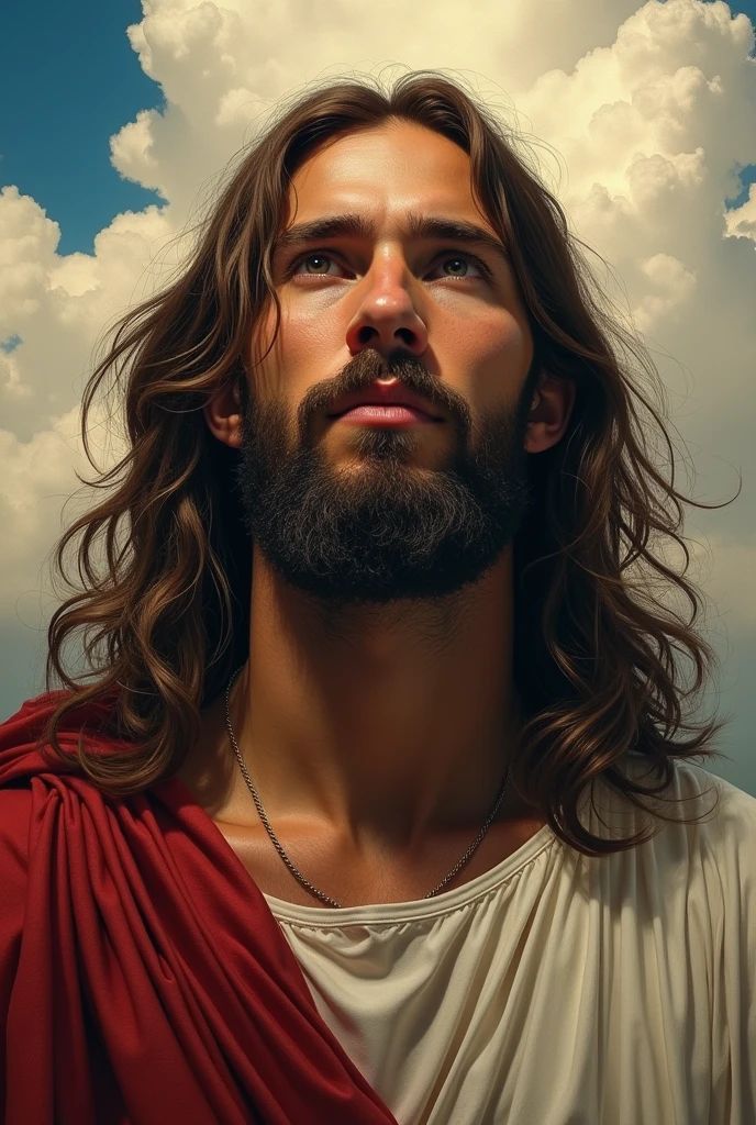 a close up of a man with long hair and a beard in a cloud filled sky, greg olsen, jesus christ, portrait of jesus christ, portrait of a heavenly god, concept art of god, by Christophe Vacher, god looking at me, heaven!!!!!!!!, inspired by Christophe Vacher, his mind contemplating eternity, by James Ryman, dressed like jesus christ