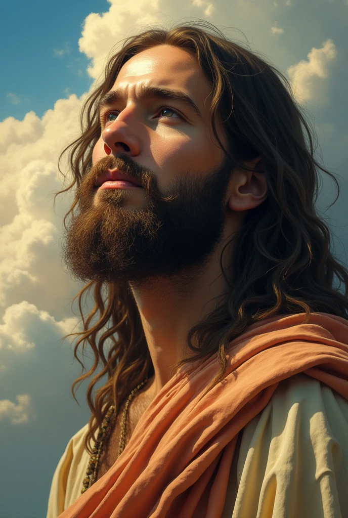 a close up of a man with long hair and a beard in a cloud filled sky, greg olsen, jesus christ, portrait of jesus christ, portrait of a heavenly god, concept art of god, by Christophe Vacher, god looking at me, heaven!!!!!!!!, inspired by Christophe Vacher, his mind contemplating eternity, by James Ryman, dressed like jesus christ