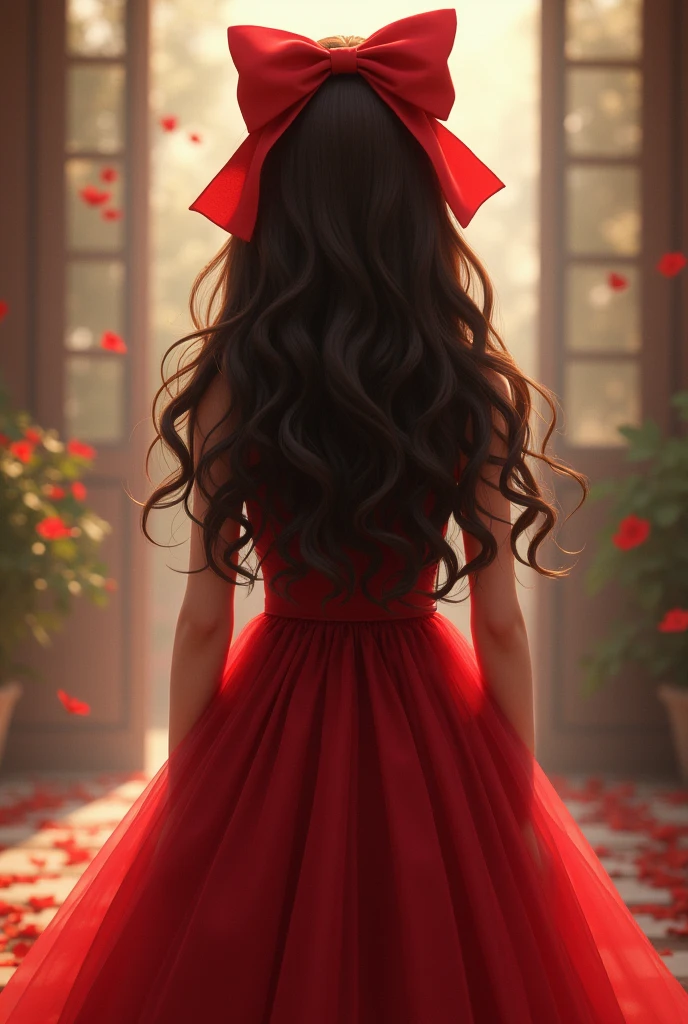 Girl from behind with long wavy dafk brown hair with red bow red dress till shoulders