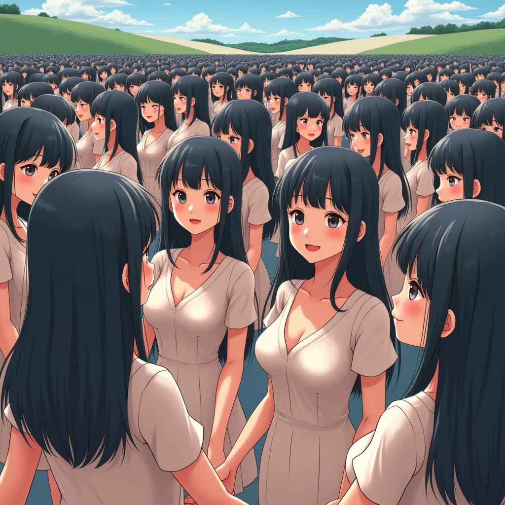 (((((Japanese Clone girls=Myself)))))), (((Best Super High quality Myself Clone girls Raw Photography Art))), (16K, Highest quality, Ultra-high resolution, RAW Photos), (((It's so unrealistic., With unparalleled depiction, With an unfathomable sight, An unprecedented and shocking worldview, Clone girls in a world of mass reproduction, Ultra-realistic))), (((Japanese, woman, 20yo, Saito-Asuka))), (Small face, ((Thick black hair, Semi-long hair))), ((V-neck short-sleeve dress)), (((((Very detailed美しい女体, Accurate body structure, Very detailed完璧な, Super busty body with very large breasts, Clearly emphasizes cleavage))))), (((Dark Eyes, Mature face, Cute Smile, A gentle gaze))), (((Her happy and smiling expression is so cute))), ((((((((Very detailed分身増殖描写, ((1girl→Myself cloning→1,000,000,000,000,000,000,000,000,000,000,000,000,000,000,000,000,000,000,000,000Myself Clone girls)))))))))), ((((((((Very detailed, The precise depiction of the proliferation of Myself Clone girls, ((With the perfectly identical bodies of Myself clone girls, With the exact same face as the Myself clone girls, With the exact same hairstyle as the Myself clone girls, In the exact same clothes as the girls who are my clones, Perfectly the same height as the Myself clone girls, Super big breasts, just like the Myself clone girls)))))))))), (((Myself clone girls only))), (((Multiple pairs, Very detailed depiction, (Myself clone girls hug each other, Myself clone girls assemble, Fun conversations with fellow Myself clone girls, A fun conversation between Myself clone girls, Myself clone girls holding hands, Walking with lots of Myself clone girls)))), (((Everyone looks at the camera))), (((Unbelievably crowded, Transcendent Myself clone girls intimately, Countless Myself clone girls surround you in 360 degrees))), (Bright, soft sunlight), (((Very wide field of view, Very detailed, Detailed ultra-perspective depiction with clear depth, super wide top view))), (((((A three-way intersection with a curved slope))))), (((Very photographic and detailed depiction, Myself clone girls will multiply infinitely and fill the surroundings from one side to the horizon with their bodies tightly packed together without any gaps., A scene of endless Myself clone girls and a fun atmosphere))), (Focus on the average value of the image)