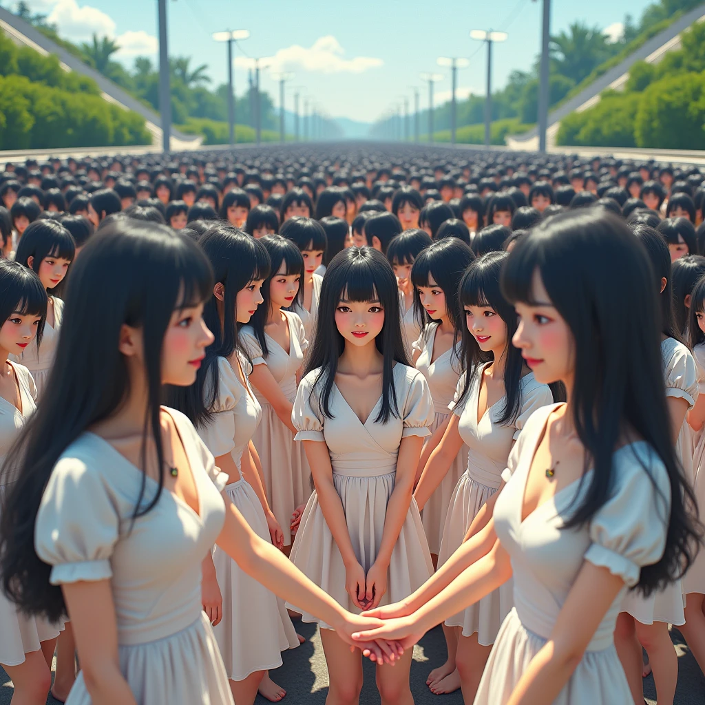 (((((Japanese Clone girls=Myself)))))), (((Best Super High quality Myself Clone girls Raw Photography Art))), (16K, Highest quality, Ultra-high resolution, RAW Photos), (((It&#39;s so unrealistic., With unparalleled depiction, With an unfathomable sight, An unprecedented and shocking worldview, Clone girls in a world of mass reproduction, Ultra-realistic))), (((Japanese, woman, 20yo, Saito-Asuka))), (Small face, ((Thick black hair, Semi-long hair))), ((V-neck short-sleeve dress)), (((((Very detailed美しい女体, Accurate body structure, Very detailed完璧な, Super busty body with very large breasts, Clearly emphasizes cleavage))))), (((Dark Eyes, Mature face, Cute Smile, A gentle gaze))), (((Her happy and smiling expression is so cute))), ((((((((Very detailed分身増殖描写, ((1girl→Myself cloning→1,000,000,000,000,000,000,000,000,000,000,000,000,000,000,000,000,000,000,000,000Myself Clone girls)))))))))), ((((((((Very detailed, The precise depiction of the proliferation of Myself Clone girls, ((With the perfectly identical bodies of Myself clone girls, With the exact same face as the Myself clone girls, With the exact same hairstyle as the Myself clone girls, In the exact same clothes as the girls who are my clones, Perfectly the same height as the Myself clone girls, Super big breasts, just like the Myself clone girls)))))))))), (((Myself clone girls only))), (((Multiple pairs, Very detailed depiction, (Myself clone girls hug each other, Myself clone girls assemble, Fun conversations with fellow Myself clone girls, A fun conversation between Myself clone girls, Myself clone girls holding hands, Walking with lots of Myself clone girls)))), (((Everyone looks at the camera))), (((Unbelievably crowded, Transcendent Myself clone girls intimately, Countless Myself clone girls surround you in 360 degrees))), (Bright, soft sunlight), (((Very wide field of view, Very detailed, Detailed ultra-perspective depiction with clear depth, super wide top view))), (((((A three-way intersection with a curved slope))))), (((Very photographic and detailed depiction, Myself clone girls will multiply infinitely and fill the surroundings from one side to the horizon with their bodies tightly packed together without any gaps., A scene of endless Myself clone girls and a fun atmosphere))), (Focus on the average value of the image)