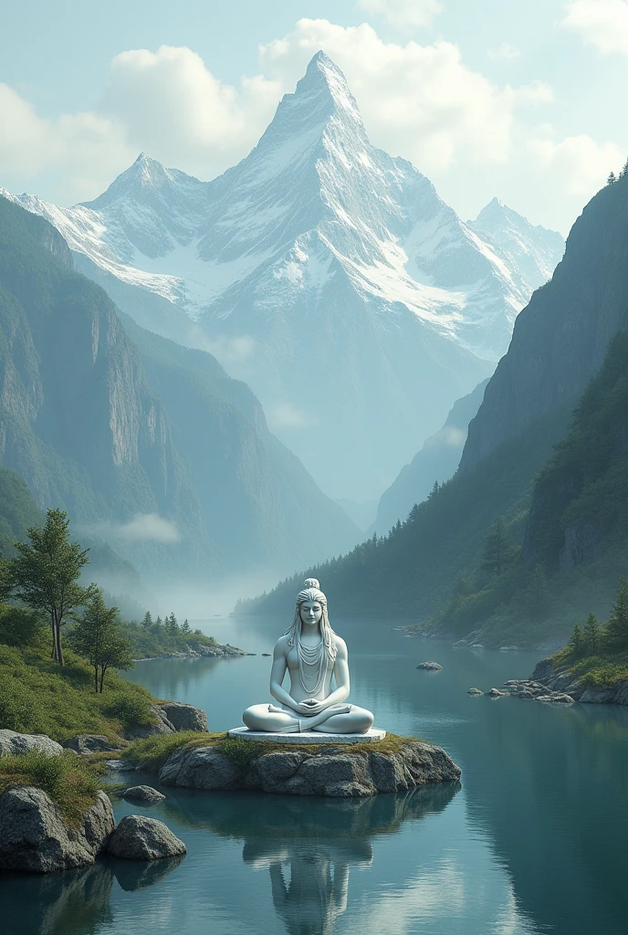 डार्क डेलाइट रिवर ब्लू वाटर ग्रीन biggest mountain setting on पद्मासन लॉर्ड ऑफ़ शिवा व्हाइट कलर statue
