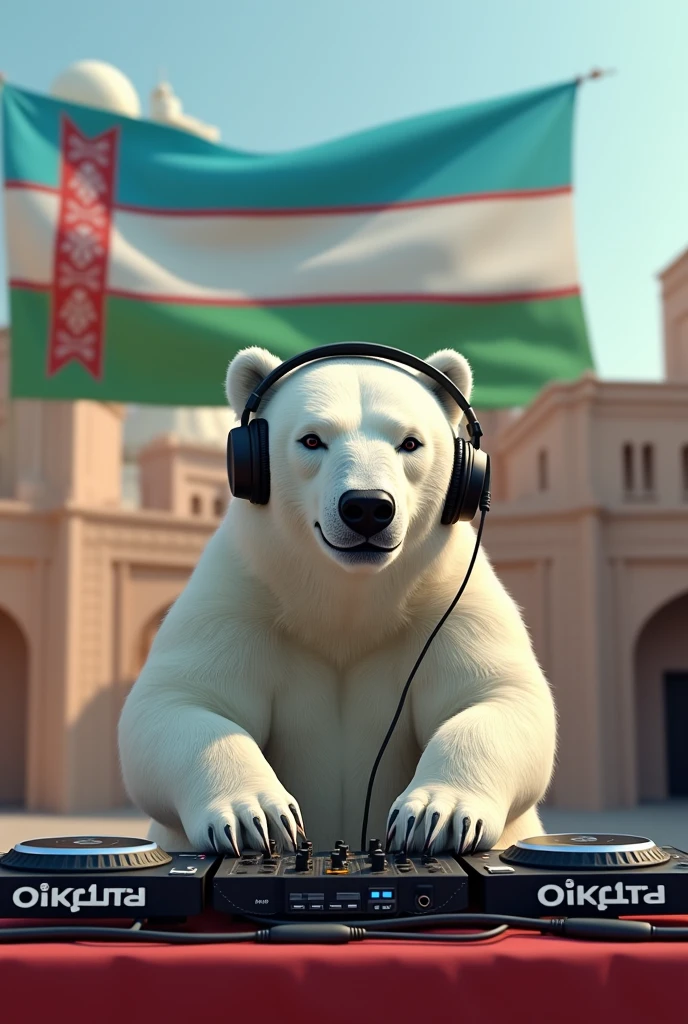 Dj polar bear in Bukhara, Uzbekistan flag,3D multi style