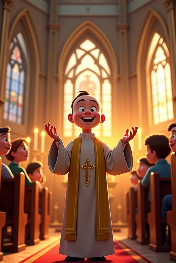 Priest at mass, delgado, young,Happy and a little bald Disney Pixar style