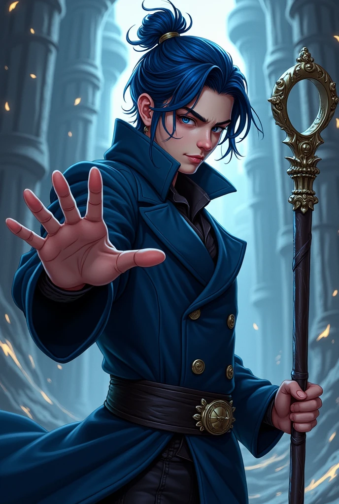 traditional comic art. d&d, young male magician 2, Bblack hair, Bun hair, dark blue overcoat, wizard's staff, traditional comic art. Sem fundo
poses heroicas
Luz e sombra dramáticas
detalhismo realista