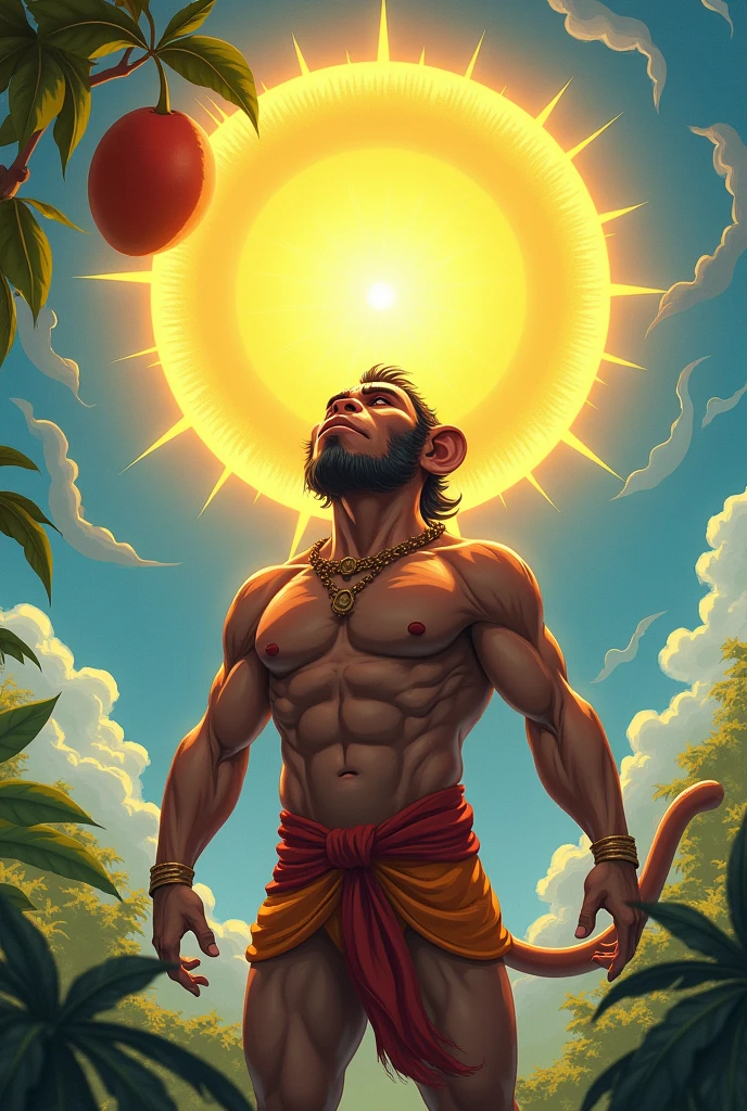 Hanuman’s Curiosity:
Hanuman gazes up at the bright sun, squinting his eyes but fascinated by its brilliance. His stomach growls, and he mistakes the sun for a giant, ripe mango hanging in the sky.
Hanuman (thinking): "That must be the biggest fruit I have ever seen! It looks so delicious. I must have it