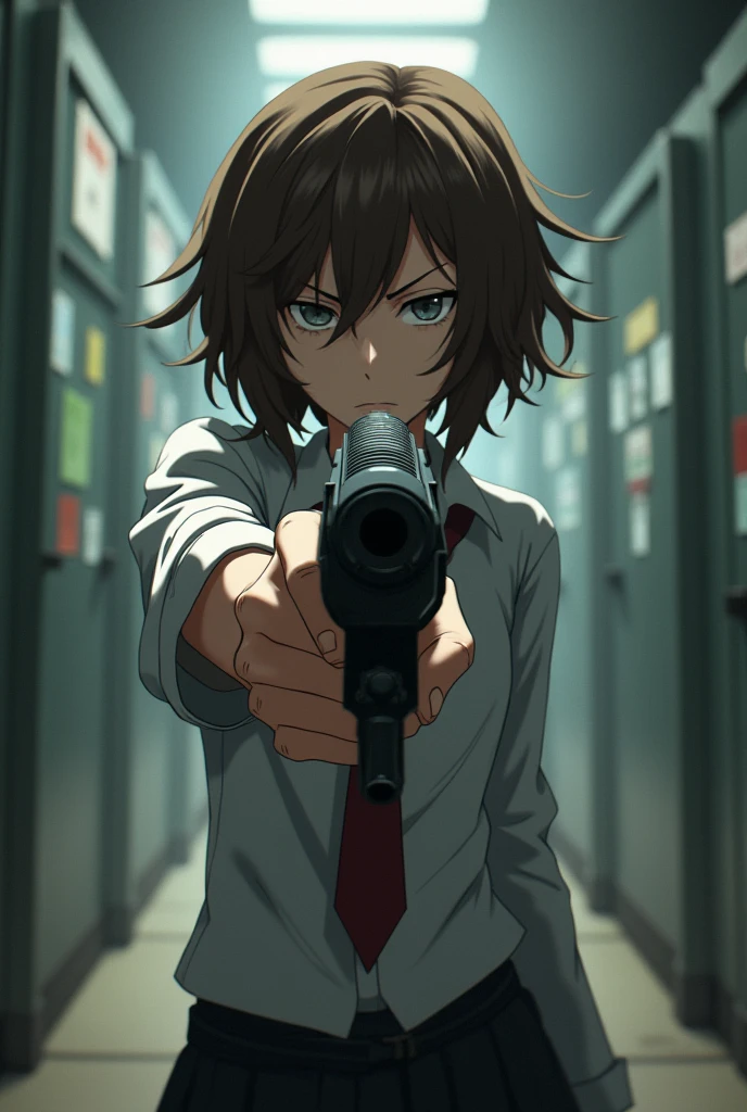 anime style Teenager in a school, wavy brown hair, scar on the eye, serious expression, wearing a school uniform, tie, slightly torn clothes, bored expression, pointing a gun forward, front view, dramatic lighting, detailed, UHD, (style of Death Note)