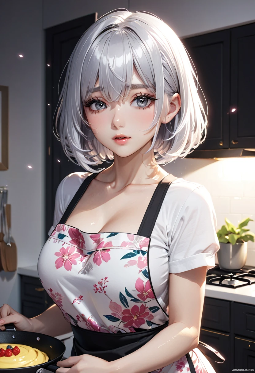 masterpiece, glowing particles, ambient lights, cute, full body detailed, 32K, high details, perfect lighting, perfect anatomy, soft light, BREAK ((shiny silver hair)), bob cut, bang between eyes, beautiful hair), (glossy silver eyes:1.5), (beautiful eyes, twinkle eyes, large eyes, close eyes), BREAK (athlete body, large breasts), cute face, beautiful face, pretty face, beautiful, best quality, good anatomy, long eyelashes, expressive eyes, Perfect Hands, BREAK pink botanical print apron, white shirt, short sleeves, morning, dining room, She is baking a Perfect French Omelets in a frying pan on the stovetop,