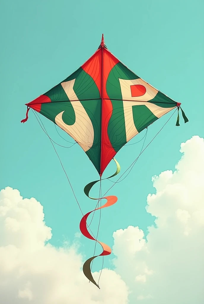 Create me a creative kite with the colors green, white and red which contains the letters J, J, r