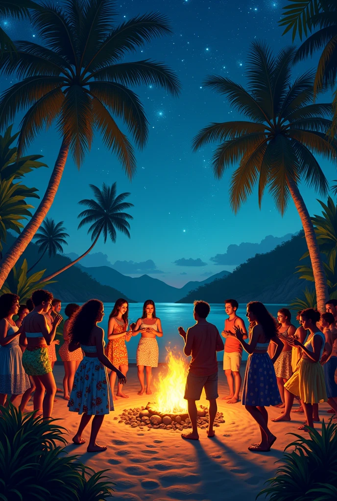 Friends dancing on an island with palm trees at night near a bonfire