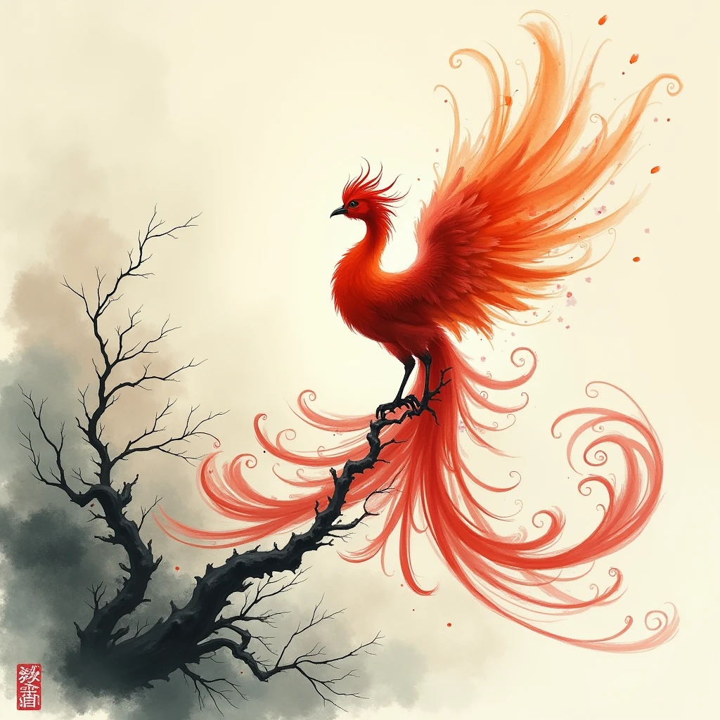 Mythical Phoenix, Sumi-e painting style, traditional Japanese ink wash painting, emphasizes simplicity and elegance, expressive brushwork, captures the essence of the subject with minimal strokes, meditative and reflective, (best quality, masterpiece, photorealistic), very aesthetic, perfect composition, intricate details, ultra-detailed, vivid colors