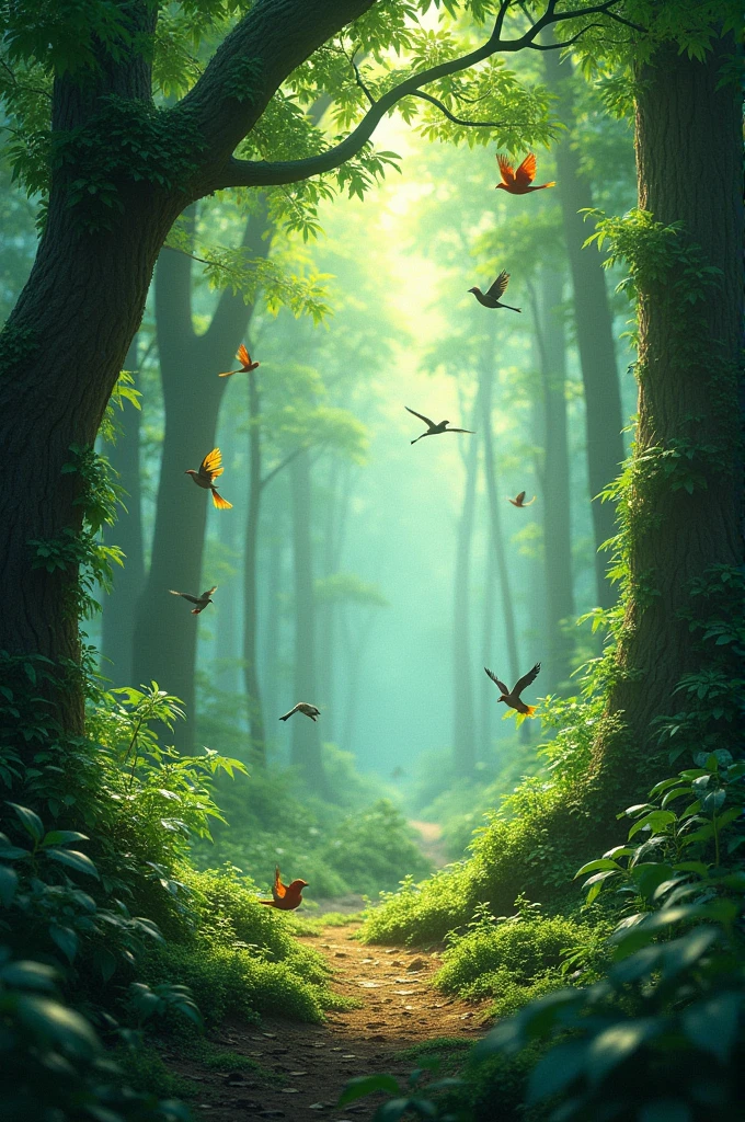A dense forest where the birds are chirping, the leaves of the trees are gently swaying in the breeze. A,