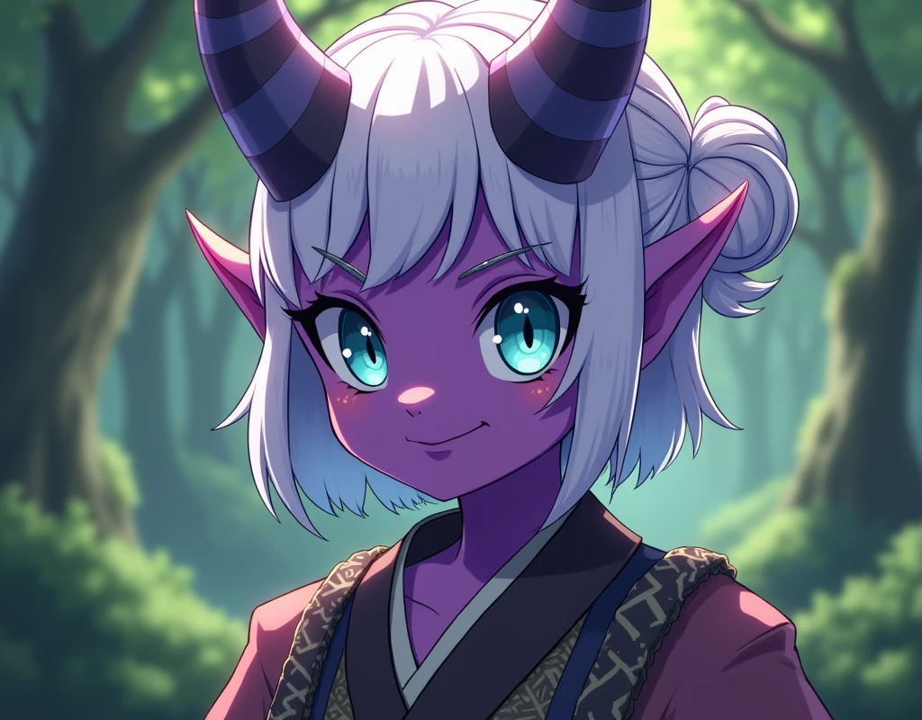 a character with anime features with purple skin, blue-green eyes, short white hair pulled to lilac, horns coming out of the forehead like an oni, birthmark on the right eye, lighter than the skin, it is very large , friendly face, forest druid clothes 


