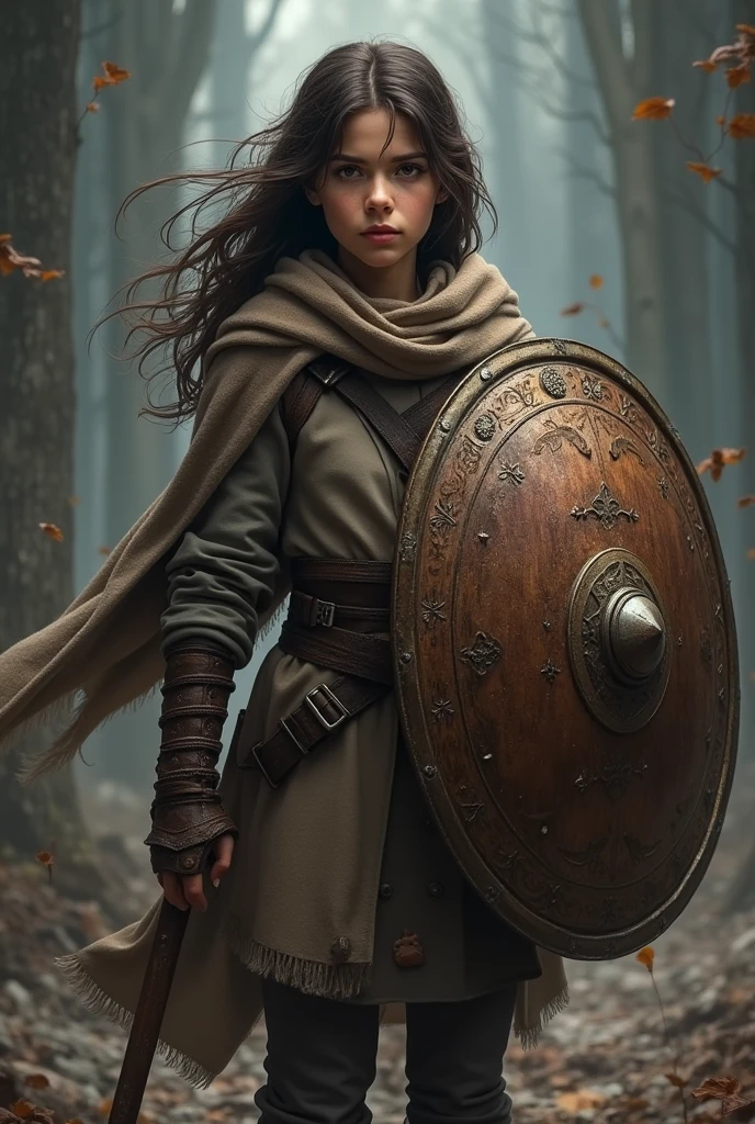 Create an image of a short teenage girl with dark brown hair with a shield on her right arm