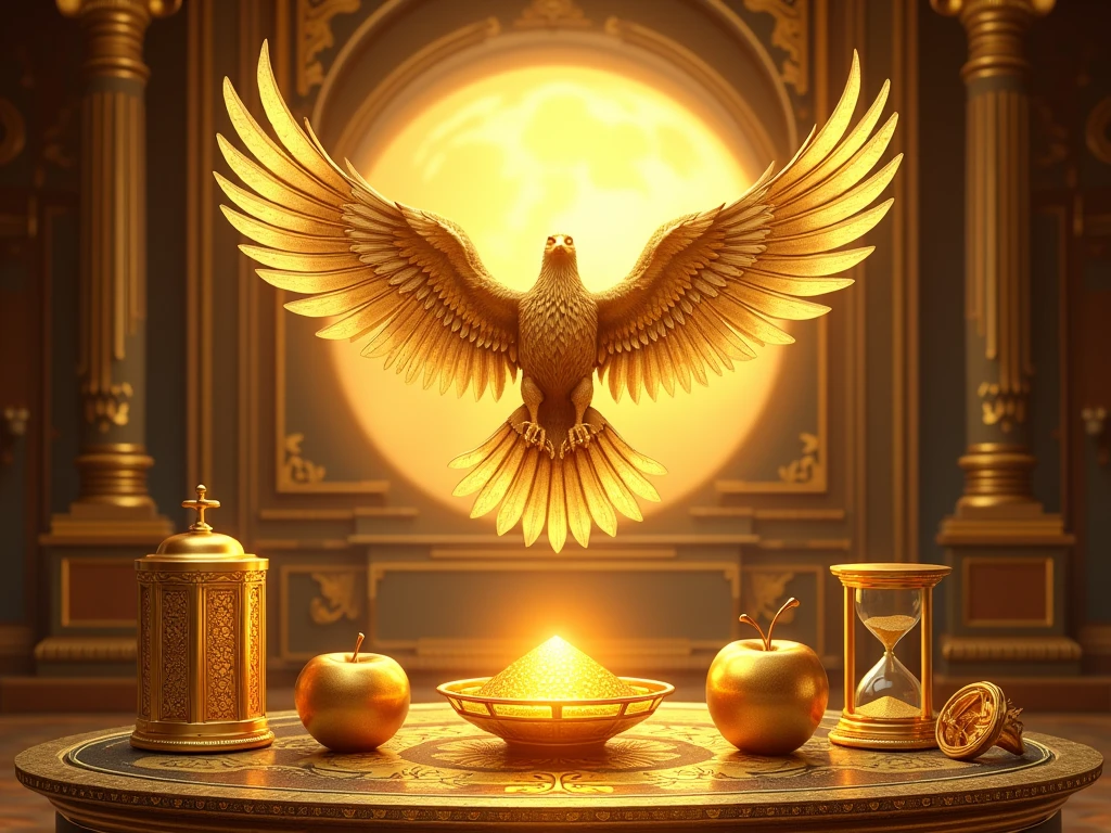 Create an archetypal image with a golden eagle, a bright sun, A golden apple, a golden diamond, a compass and an hourglass, all floating in a luxurious setting. The golden apple and the golden diamond must be the color of gold, matching the richness of real gold. The background should include an opulent and extravagant setting, with elements such as ornate architecture, rich textures and elegant decor, emphasizing prosperity and greatness. Use warm, radiant tones, without black, because it symbolizes loss, don't forget the diamond