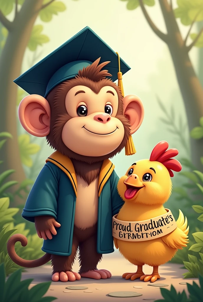 graduated monkey next to a little chicken with a band in the body that says proud graduate's girlfriend