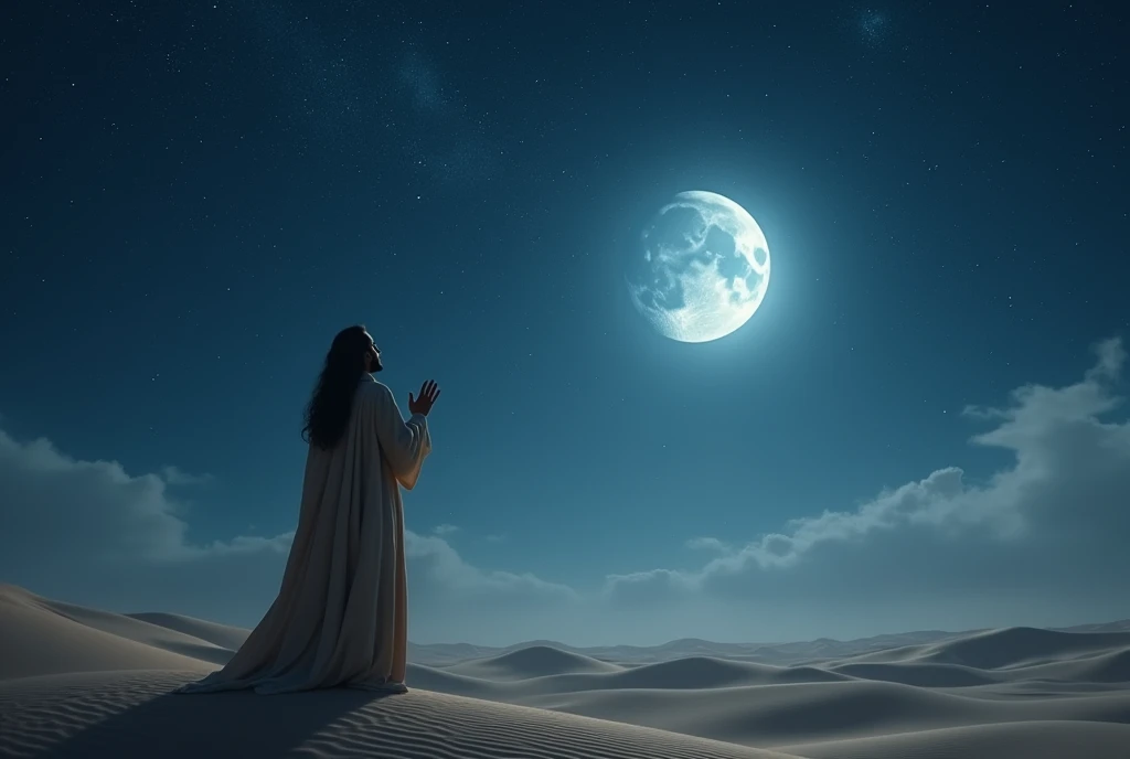 Back view of the Prophet praying to Allah with both hands raised towards the starry and moonlit sky at night in the desert