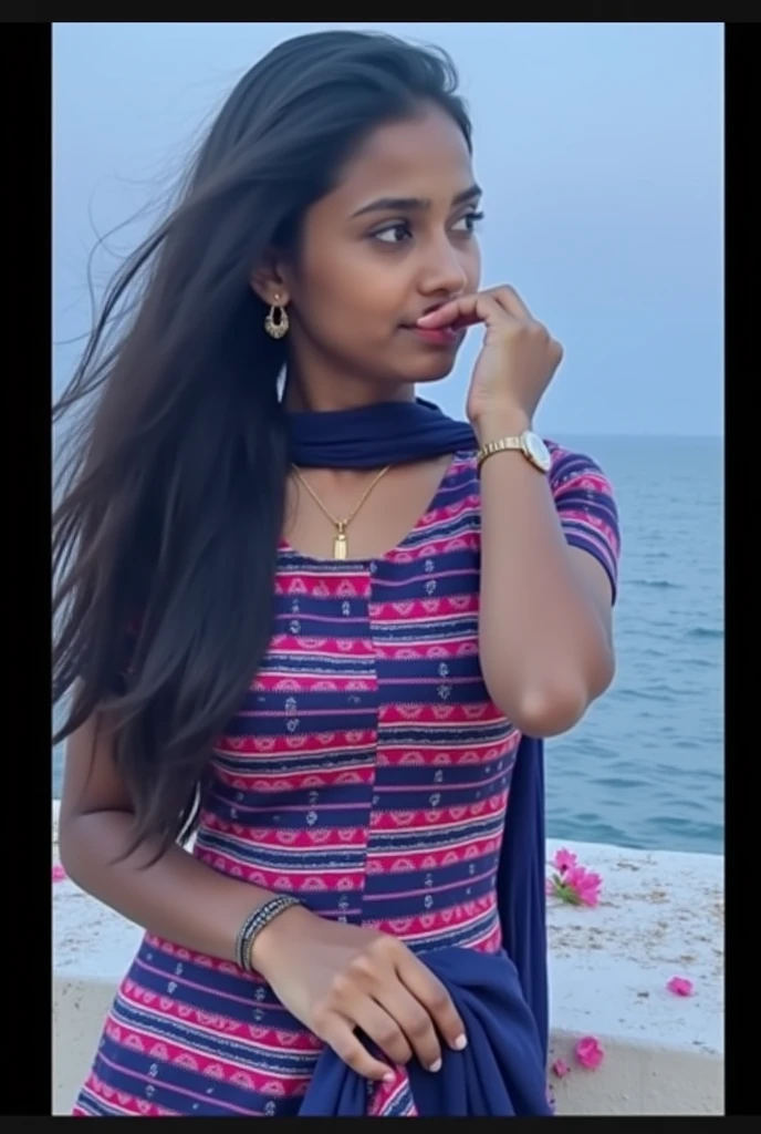20 years old indian girl , sexy and hot girl , wearing violet dress  , white wall background with pink flowers 