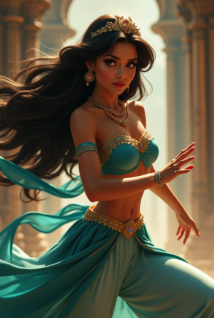 Stunning Princess Jasmine, photo in 8k, in action, cinematic.