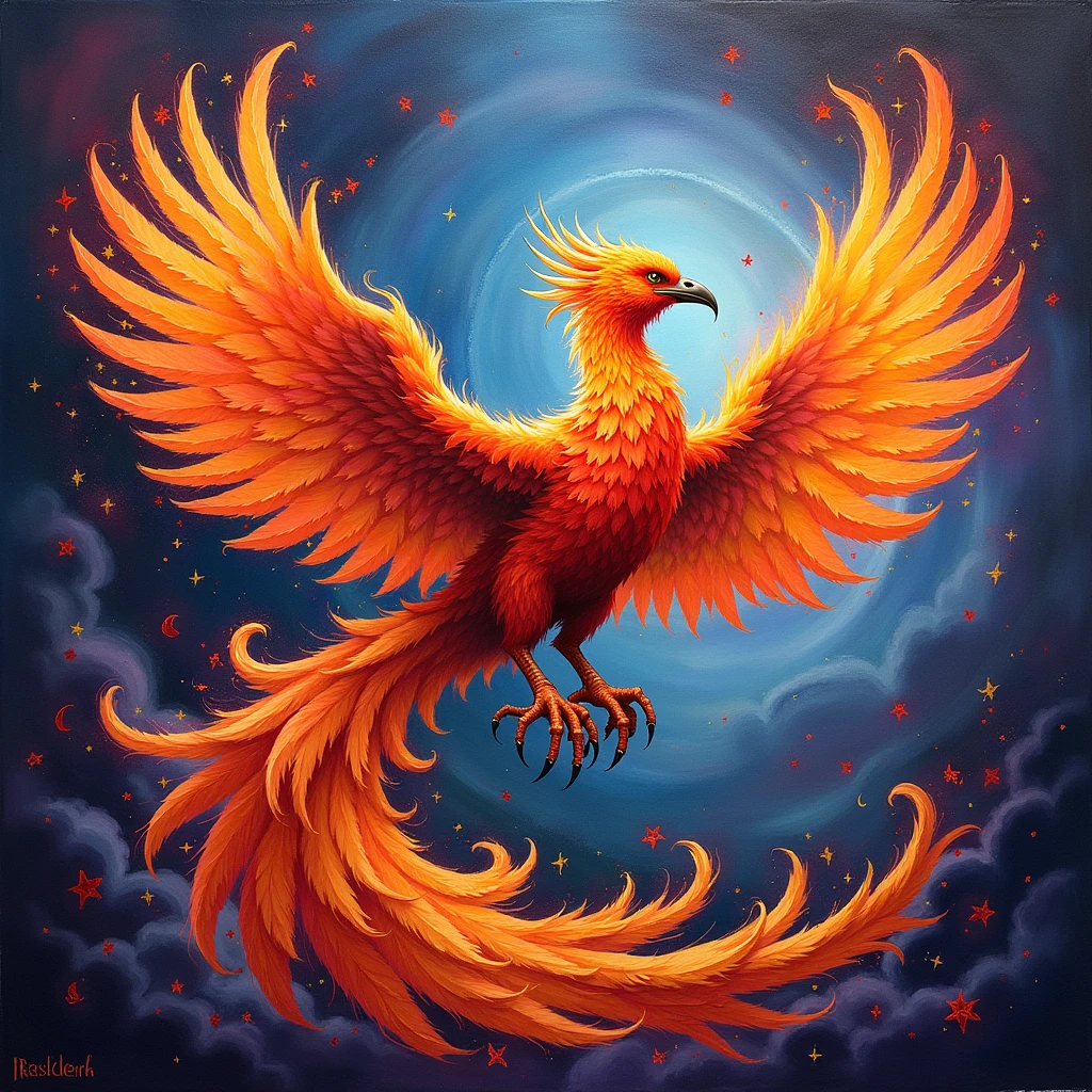 Mythical Phoenix, gouache painting style, gouache opaque colors, matte finish, vibrant hues, dynamic compositions, professional-grade result, adds depth and texture, (best quality, masterpiece, photorealistic), very aesthetic, perfect composition, intricate details, ultra-detailed, vivid colors