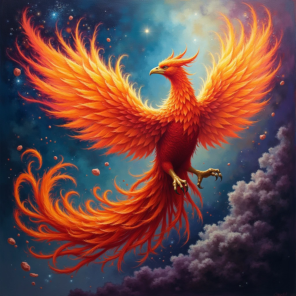 Mythical Phoenix, gouache painting style, gouache opaque colors, matte finish, vibrant hues, dynamic compositions, professional-grade result, adds depth and texture, (best quality, masterpiece, photorealistic), very aesthetic, perfect composition, intricate details, ultra-detailed, vivid colors