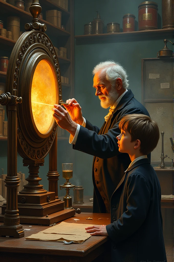 Willebrord Snel in a laboratory adjusting mirrors and a child watching him in amazement 