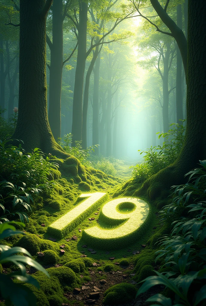 Forest where the light on the ground forms the number 19