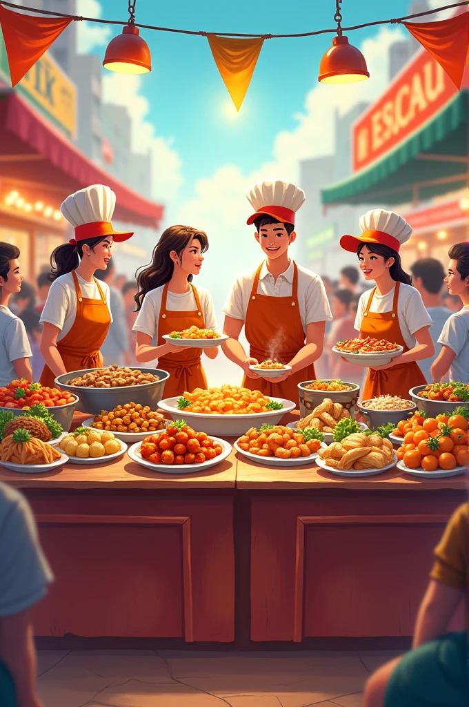 Food fest poster
Name കിസ്മത്ത് കി dhukan
4 students serving food in a counter
Counter has full of different varieties of food