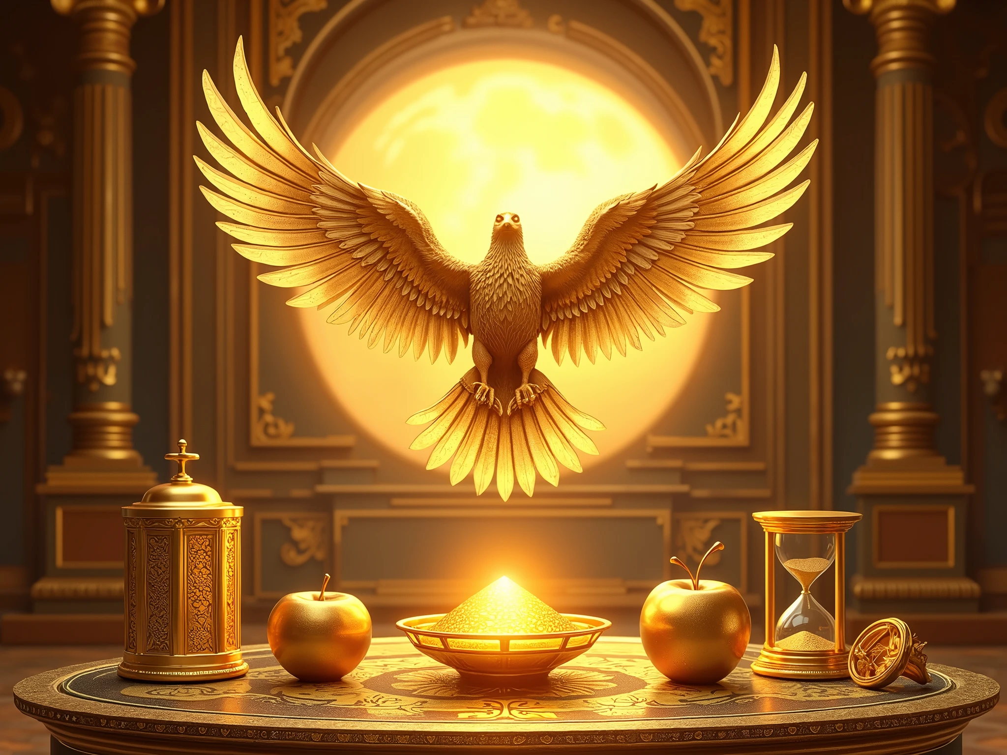 Create an archetypal image with a golden eagle, a bright sun, A golden apple, a golden diamond, a compass and an hourglass, all floating in a luxurious setting. The golden apple and the golden diamond must be the color of gold, matching the richness of real gold. The background should include an opulent and extravagant setting, with elements such as ornate architecture, rich textures and elegant decor, emphasizing prosperity and greatness. Use warm, radiant tones, without black, because it symbolizes loss, don&#39;t forget the diamond