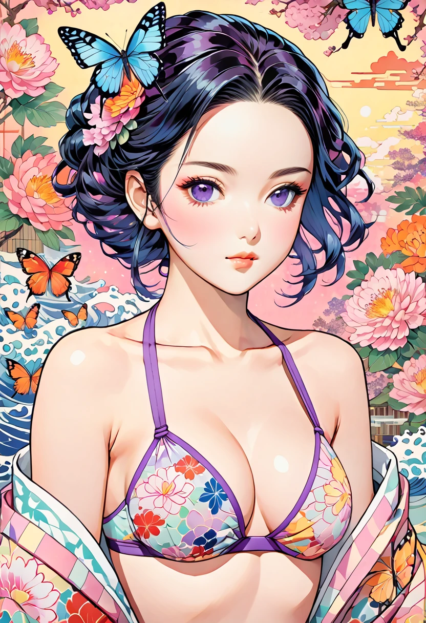 A mesmerizing surreal illustration of Shinobu Kouchou from Kimetsu No Yaiba. She has black hair, purple eyes, a butterfly hair ornament, and wears a vibrant pastel colored bikini. The background is a vintage floral-patterned wallpaper that complements the artwork's colors. The line work is precise, with delicate shading that gives the illustration a 3D quality.