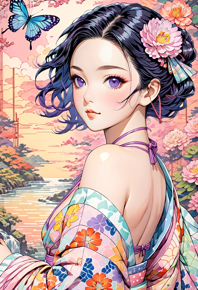 A mesmerizing surreal illustration of Shinobu Kouchou from Kimetsu No Yaiba. She has black hair, purple eyes, a butterfly hair ornament, and wears a vibrant pastel colored bikini. The background is a vintage floral-patterned wallpaper that complements the artwork's colors. The line work is precise, with delicate shading that gives the illustration a 3D quality.
