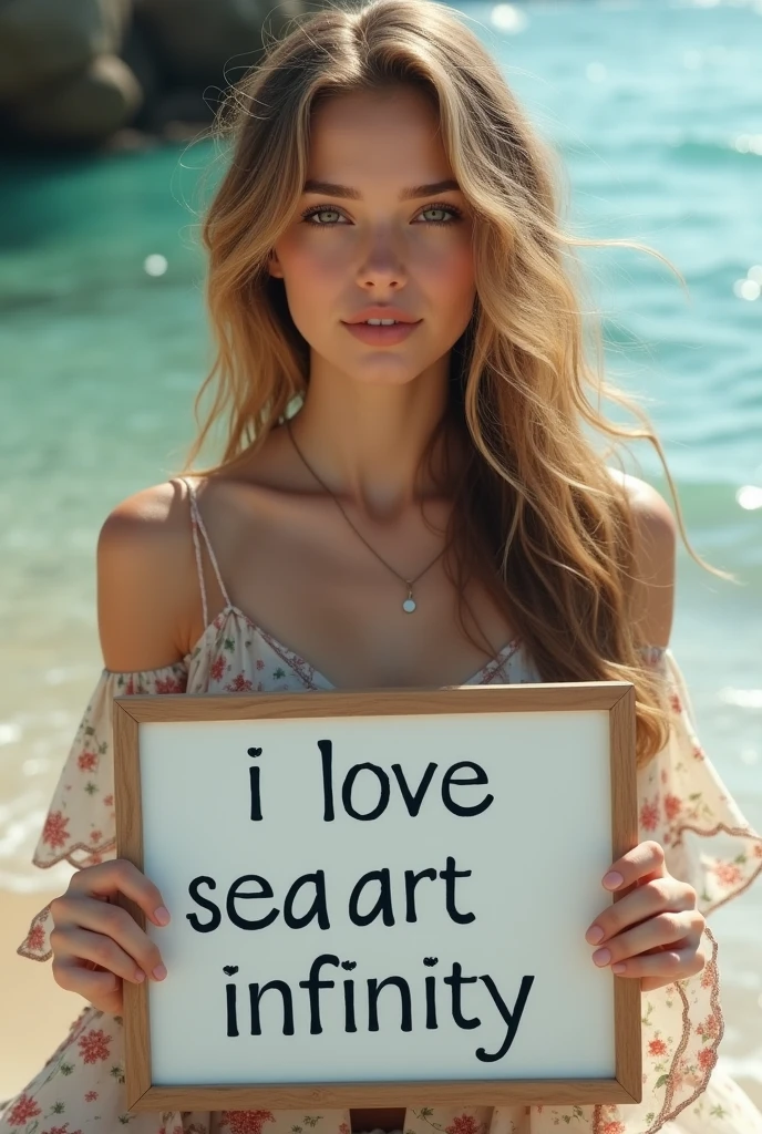 Beautiful girl with wavy long hair, bohemian dress, holding a white board with text "I Love Seaart Infinity" and showing it to the viewer