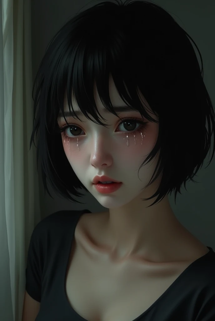 Woman, short hair like black men, black eyes crying in your room
