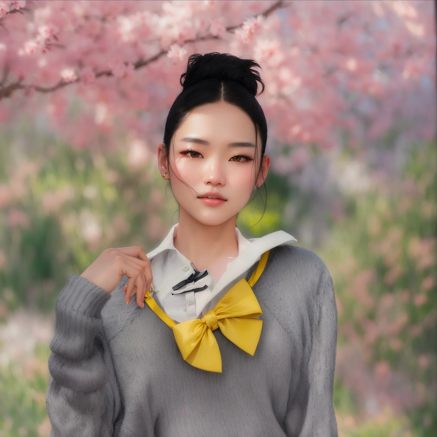 there is a woman with a yellow bow tie and a gray sweater, inspired by Sim Sa-jeong, inspired by Kim Jeong-hui, inspired by Miwa Komatsu, inspired by Ma Yuanyu, inspired by Jeong Seon, inspired by jeonseok lee, inspired by Kim Deuk-sin, inspired by Chen Chi, inspired by Manabu Mabe
