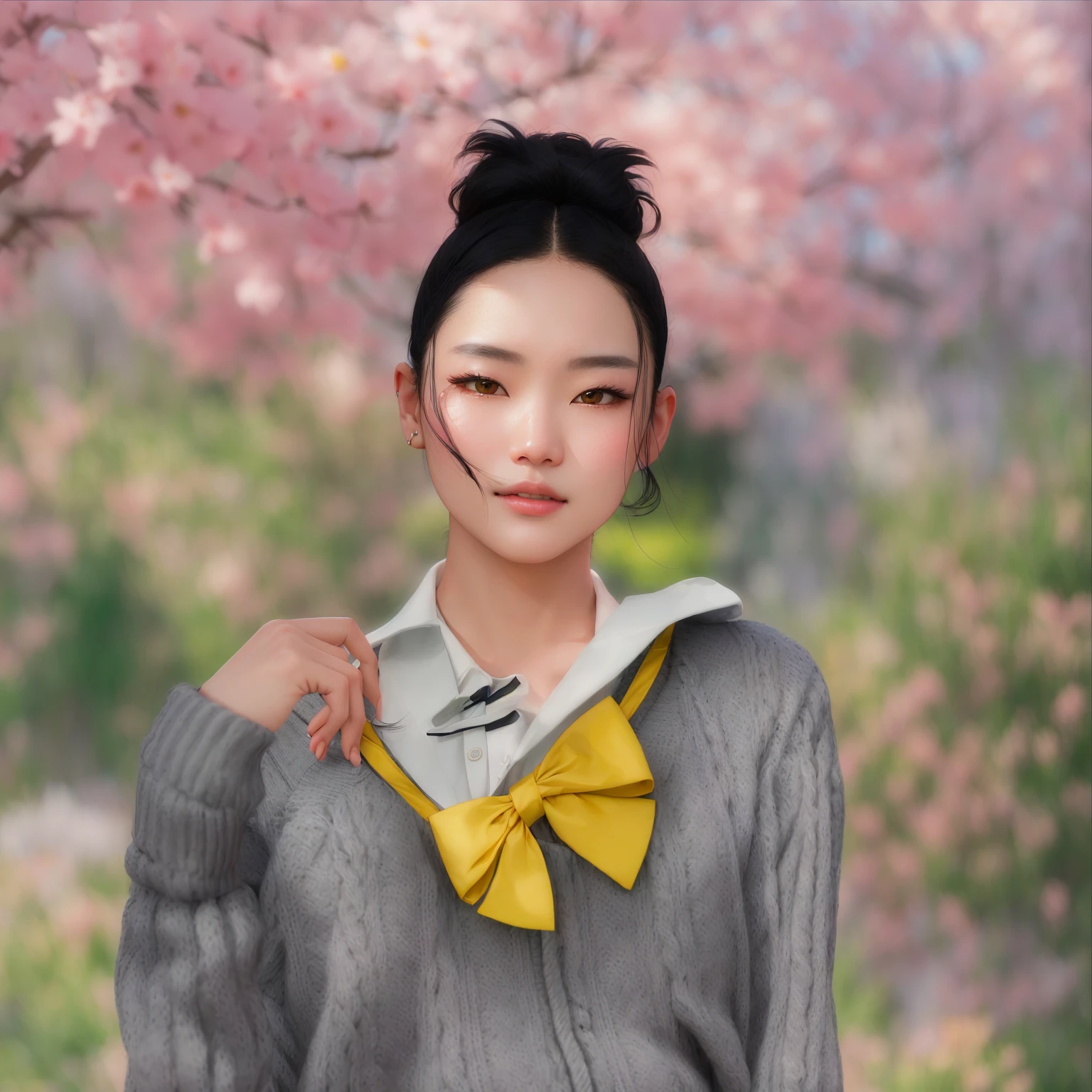 there is a woman with a yellow bow tie and a gray sweater, inspired by Sim Sa-jeong, inspired by Kim Jeong-hui, inspired by Miwa Komatsu, inspired by Ma Yuanyu, inspired by Jeong Seon, inspired by jeonseok lee, inspired by Kim Deuk-sin, inspired by Chen Chi, inspired by Manabu Mabe