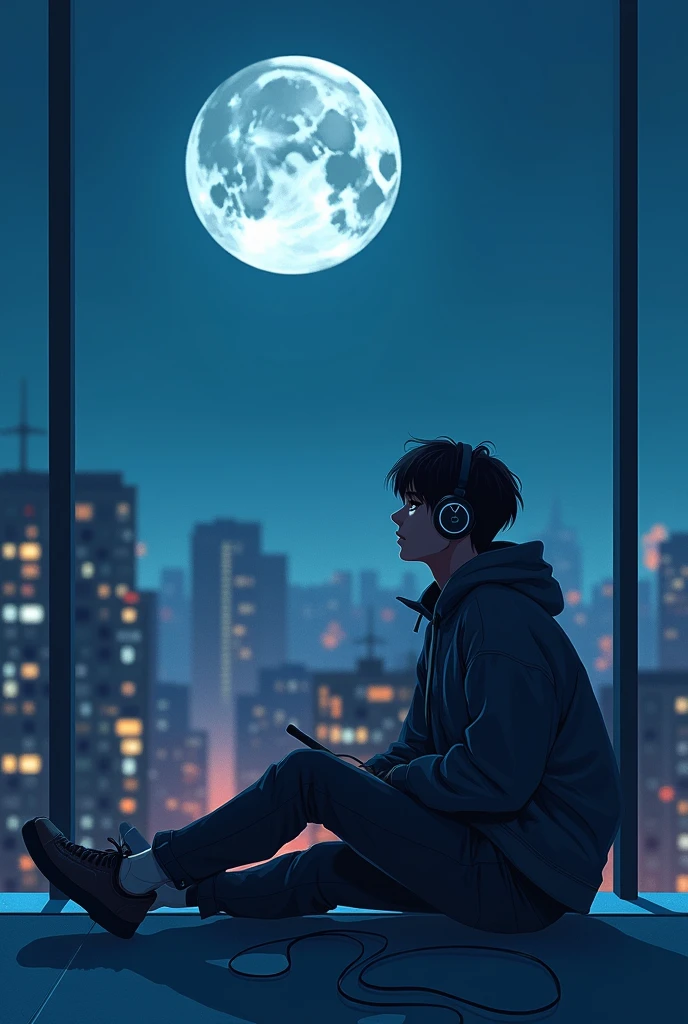 A  is happily listening to music on the roof of a building looking at the big moon