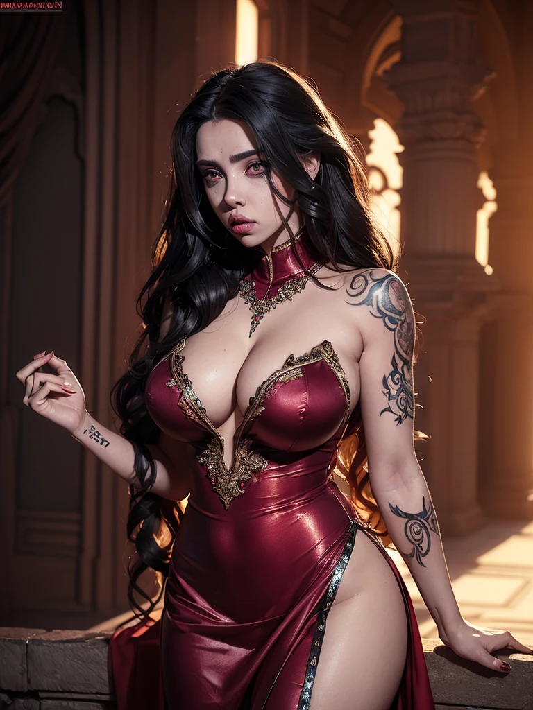 A hot ((succubus demon woman)), {{FULL BODY}}, masterpiece, 8k, ultra realistic, detailed background, palace, god rays, ambient occlusion, tattooed hands, ((Indian dress)), ((Look like Scarlett Johansson)), {{Big breast and big cleavage}}, (( long black hair wavy))