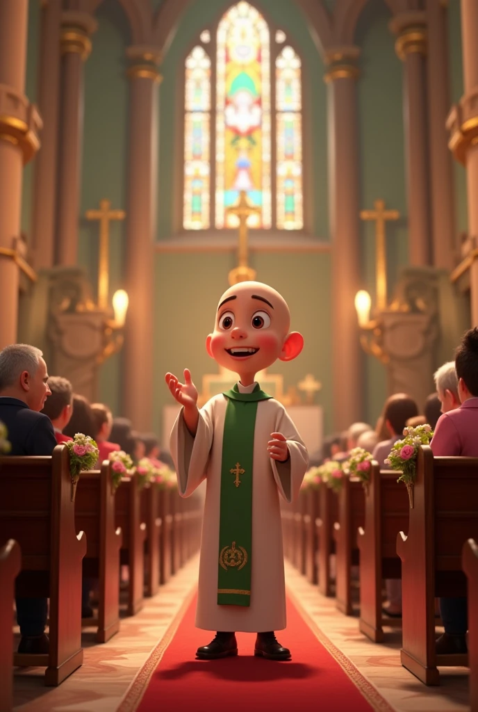 Priest at mass, delgado, young,cheerful and a little bald, with a thin face. Disney Pixar style