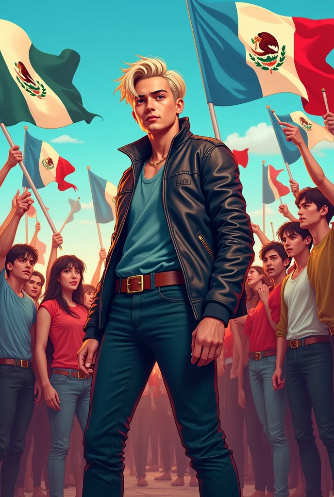 BTS's AGUST D protected by his army of latina fans with flags of Guatemala, Mexico, Argentina, cartoon