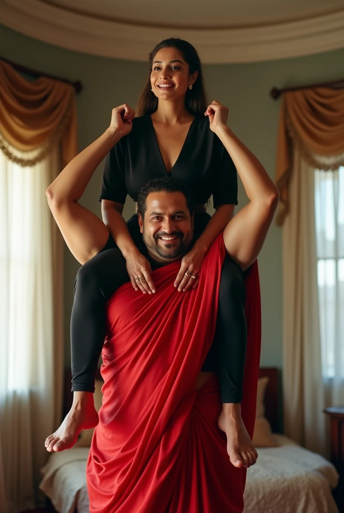 Beautiful and Slim Indian woman Aishwarya Rai in black satin blouse red saree , lifting a large chubby man above her shoulders, man is sitting on woman's shoulders, natural smile, in a bedroom with high ceiling , full body view