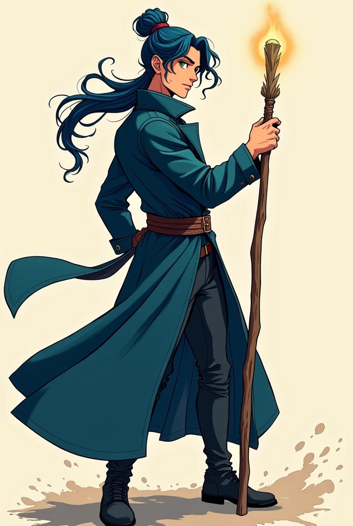 traditional comic art. d&d, young man magician, Bblack hair, Bun hair, dark blue overcoat, wizard's staff, traditional comic art.
heroic poses Dramatic light and shadow No background