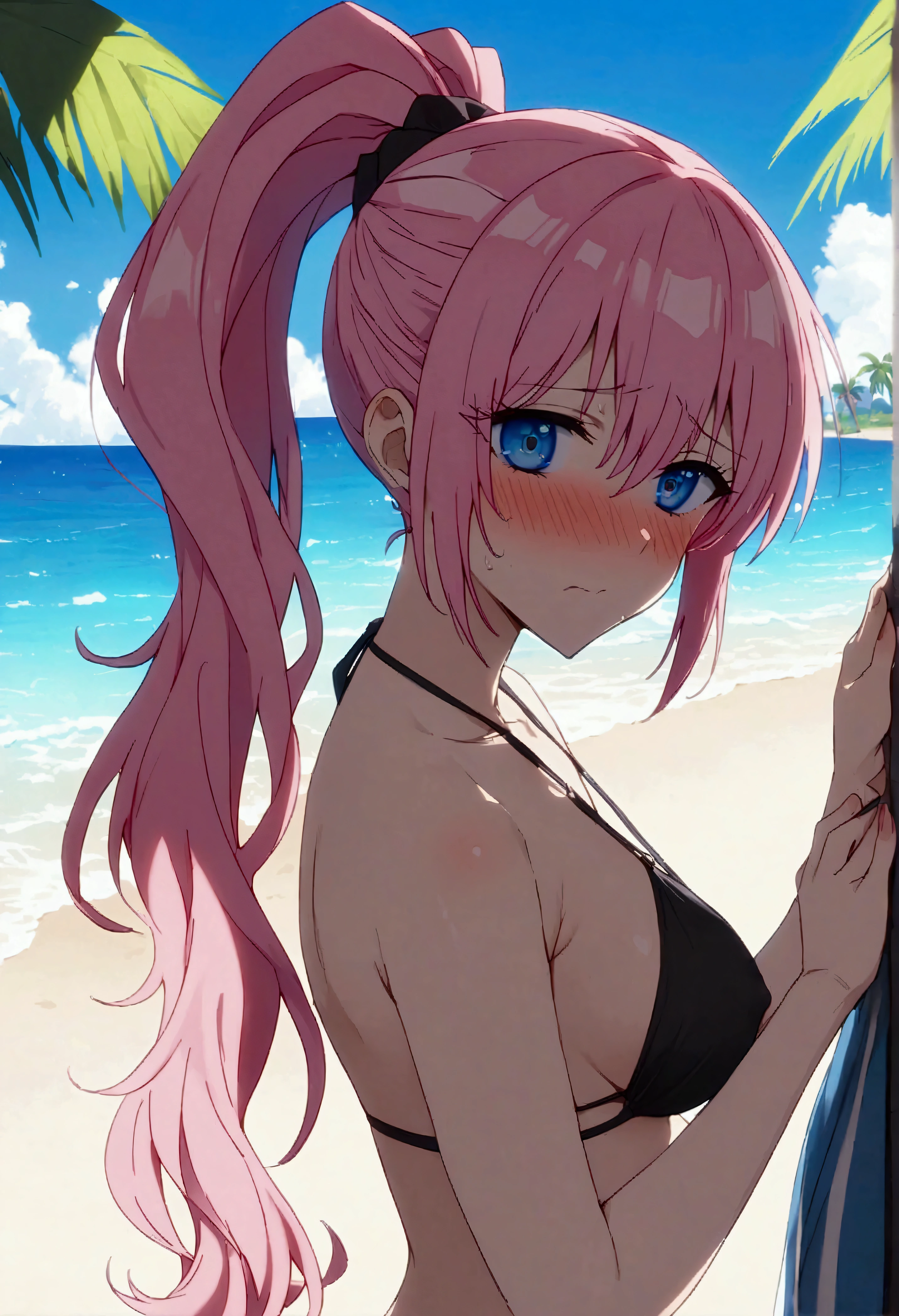 NSFW,masterpiece,Highest quality,High resolution,Very detailed,Shikimori-san\(可愛いだけじゃないShikimori-san\),Pink Hair、Long Hair、blue eyes、Hair between the eyes、bangs,ponytail,Embarrassed,blush,High-quality halter bikini,Palm tree,beach,Rock Shade