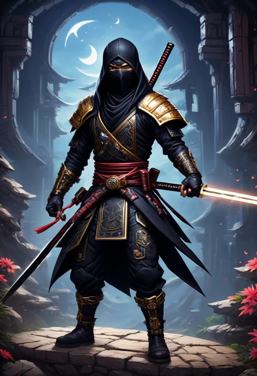 A detailed and textured biomech style ninja relay, in dreaming dark world, with katana and shuriken with arms crossed