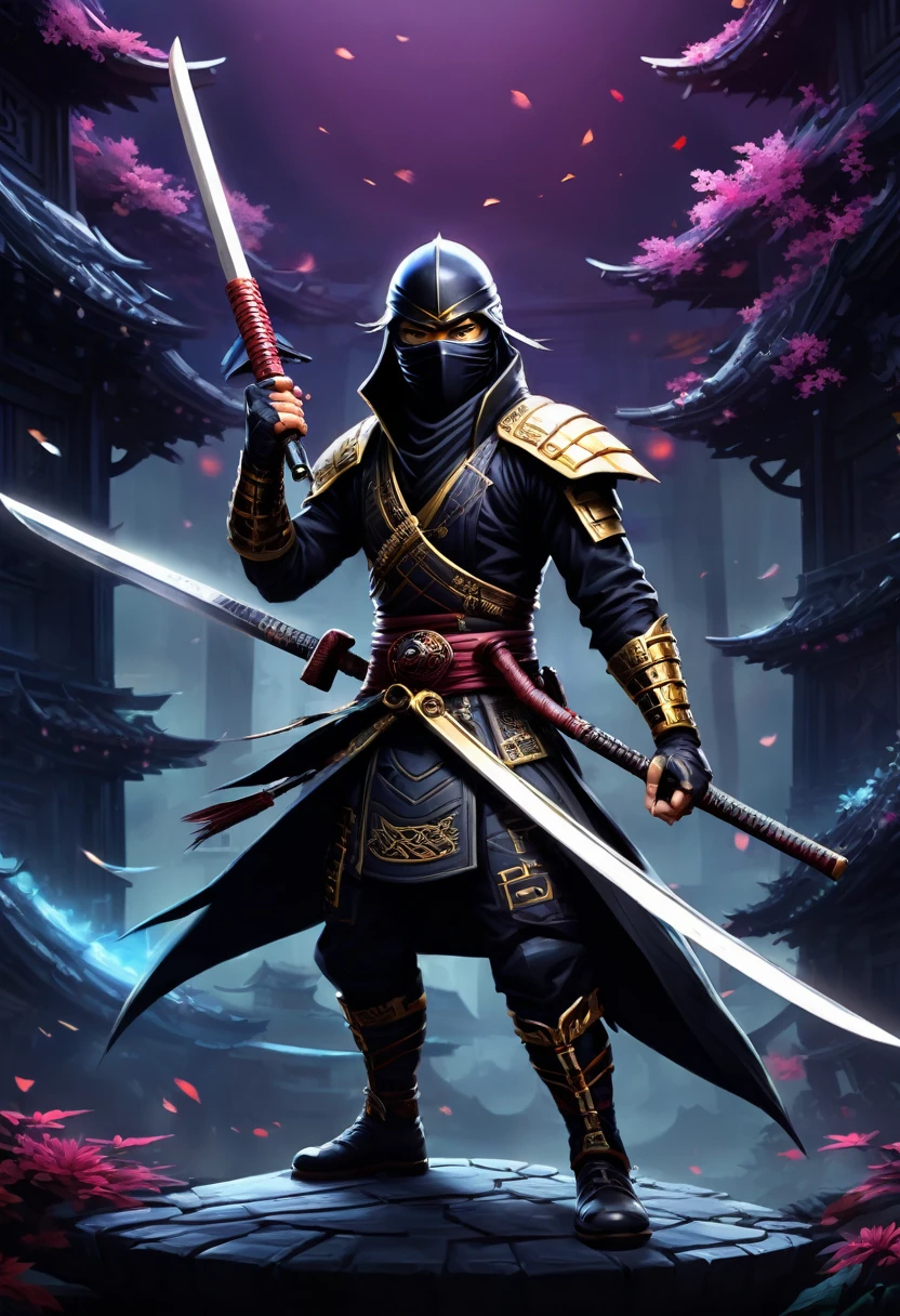 A detailed and textured biomech style ninja relay, in dreaming dark world, with katana and shuriken with arms crossed