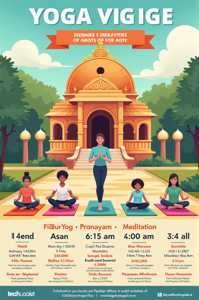 Make me a yoga poster including 6:15 am to 7 am, 7:15 am to 8 am, 8:15 am to 9 am and 9:15 am to 10 am Payanta, Asana, Pranayam, Meditation, kids and adults and (Ganesha Temple  Inside) will be written near South Point School on Anil Mitra Road